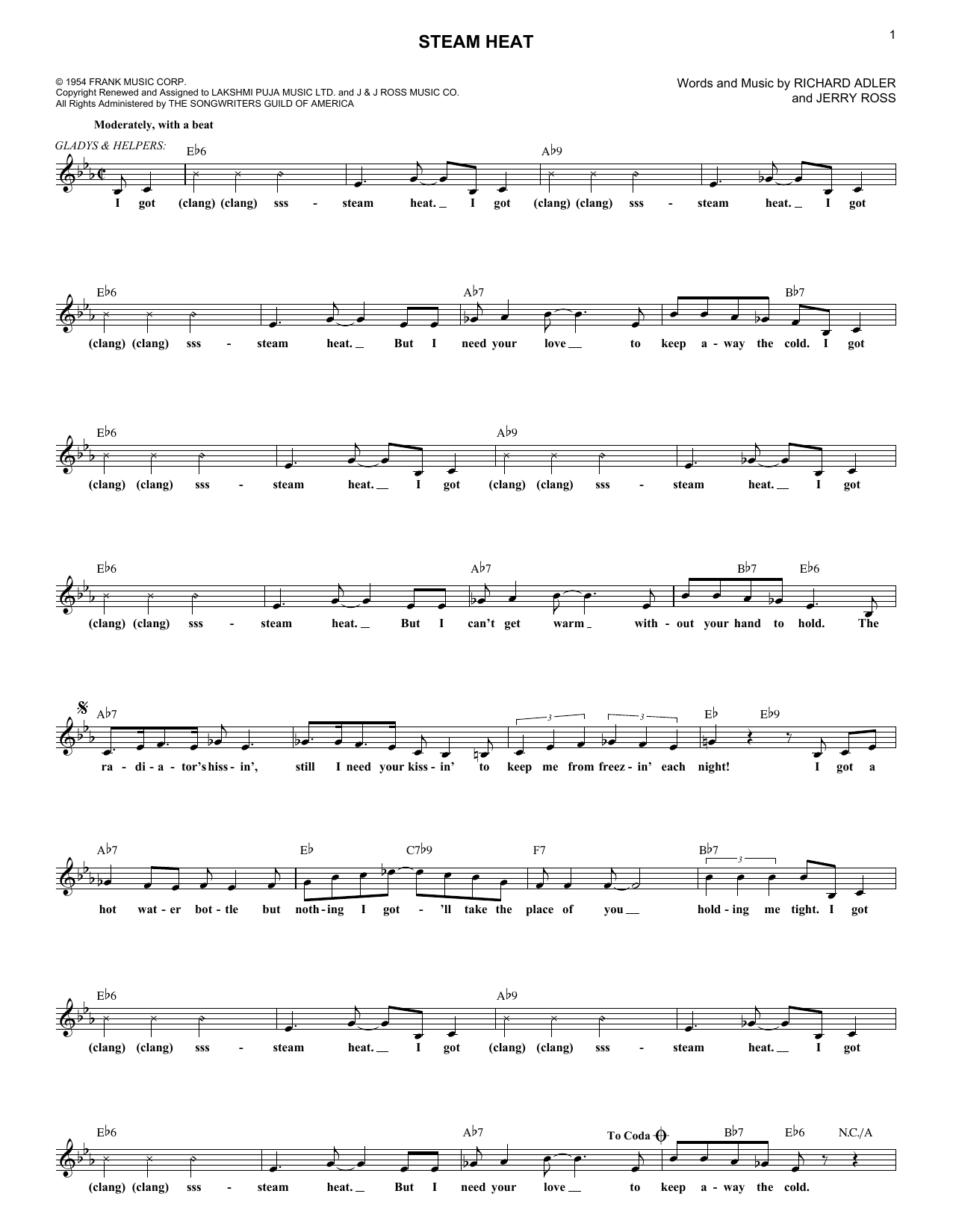 Jerry Ross Steam Heat Sheet Music Notes & Chords for Melody Line, Lyrics & Chords - Download or Print PDF