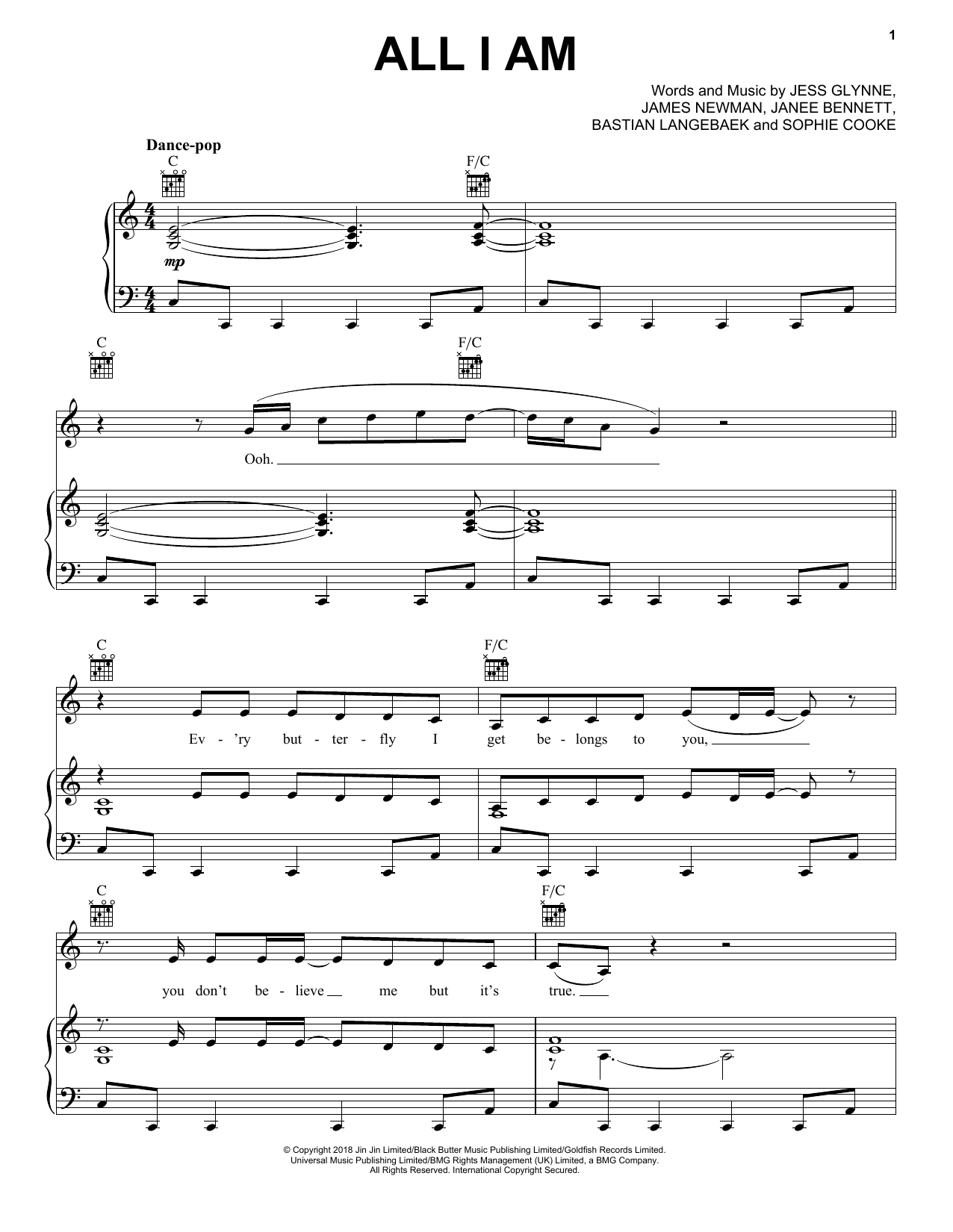 Jess Glynne All I Am Sheet Music Notes & Chords for Piano, Vocal & Guitar (Right-Hand Melody) - Download or Print PDF