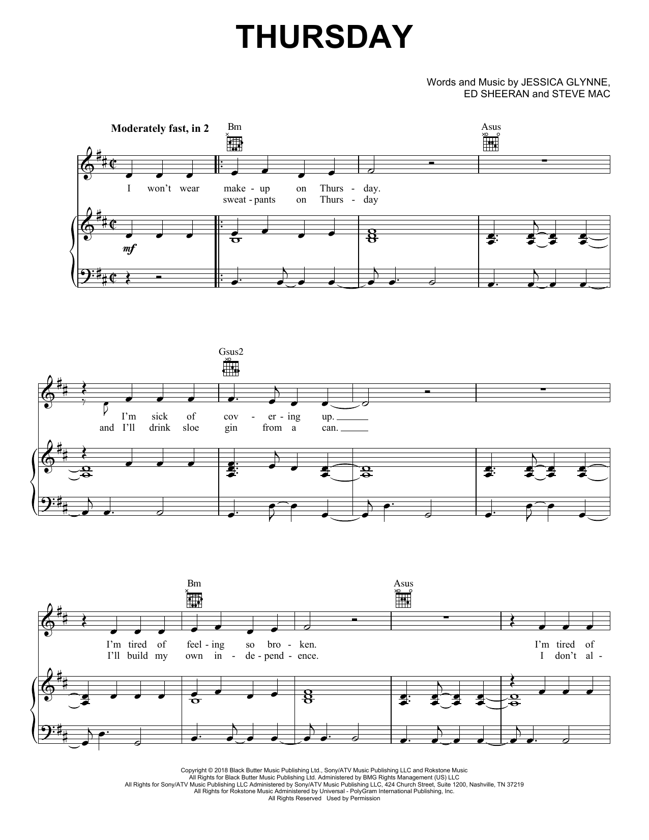 Jess Glynne Thursday Sheet Music Notes & Chords for Piano, Vocal & Guitar (Right-Hand Melody) - Download or Print PDF