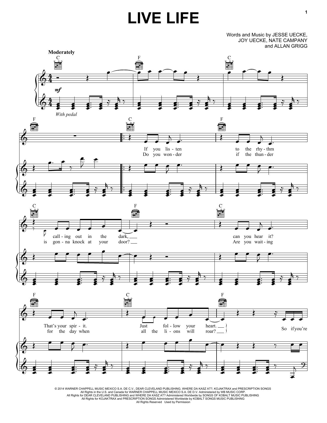 Jesse & Joy Live Life Sheet Music Notes & Chords for Piano, Vocal & Guitar (Right-Hand Melody) - Download or Print PDF