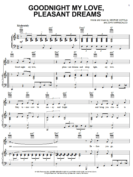 Jesse Belvin Goodnight My Love, Pleasant Dreams Sheet Music Notes & Chords for Piano, Vocal & Guitar (Right-Hand Melody) - Download or Print PDF