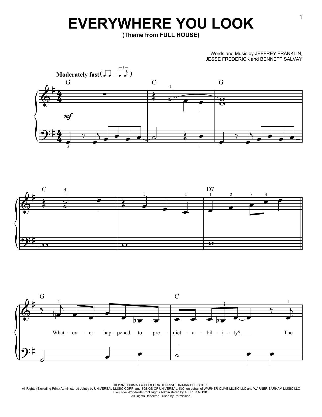 Jesse Frederick Everywhere You Look (Theme from Full House) Sheet Music Notes & Chords for Piano, Vocal & Guitar Chords (Right-Hand Melody) - Download or Print PDF