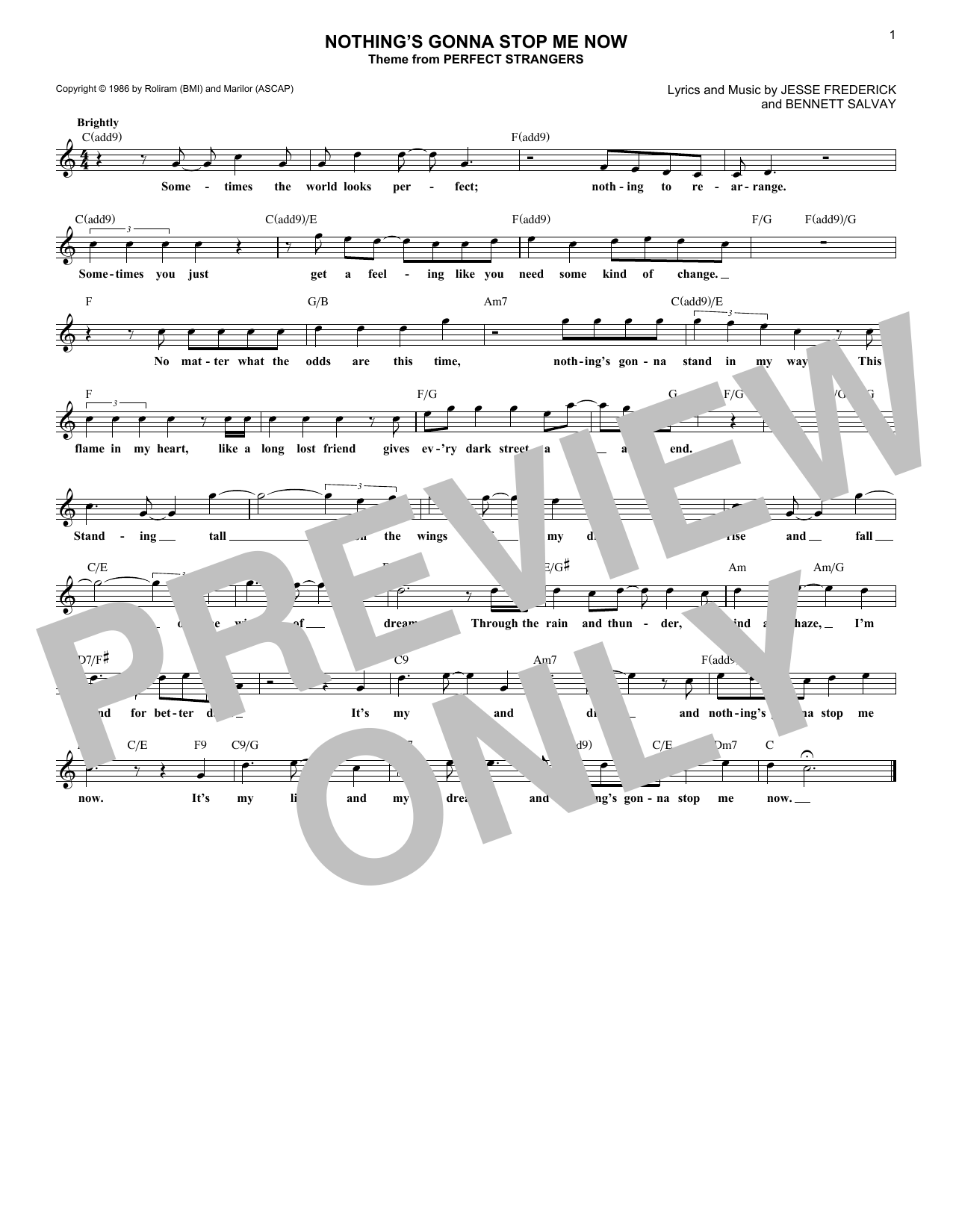 Jesse Frederick Nothing's Gonna Stop Me Now (from Perfect Strangers) Sheet Music Notes & Chords for Lead Sheet / Fake Book - Download or Print PDF