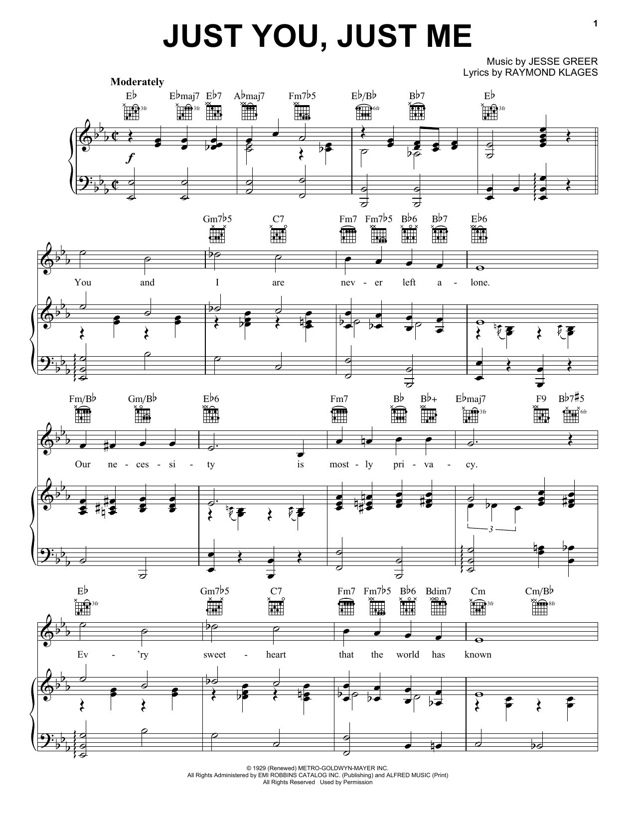 Jesse Greer Just You, Just Me Sheet Music Notes & Chords for Piano, Vocal & Guitar (Right-Hand Melody) - Download or Print PDF