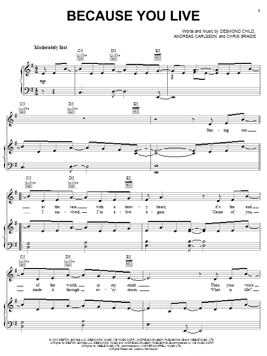 Jesse McCartney Because You Live Sheet Music Notes & Chords for Piano, Vocal & Guitar (Right-Hand Melody) - Download or Print PDF