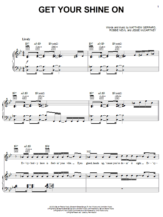 Jesse McCartney Get Your Shine On Sheet Music Notes & Chords for Piano, Vocal & Guitar (Right-Hand Melody) - Download or Print PDF