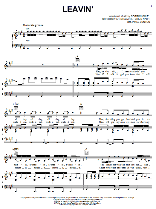 Jesse McCartney Leavin' Sheet Music Notes & Chords for Piano, Vocal & Guitar (Right-Hand Melody) - Download or Print PDF