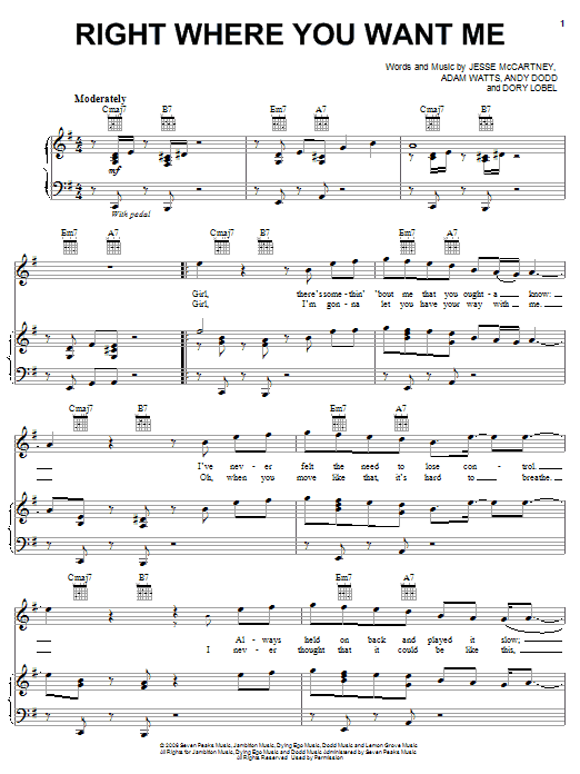 Jesse McCartney Right Where You Want Me Sheet Music Notes & Chords for Piano, Vocal & Guitar (Right-Hand Melody) - Download or Print PDF