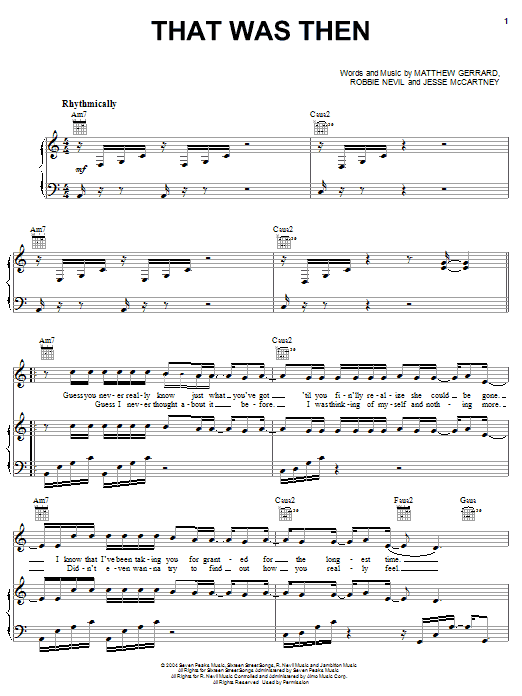 Jesse McCartney That Was Then Sheet Music Notes & Chords for Piano, Vocal & Guitar (Right-Hand Melody) - Download or Print PDF