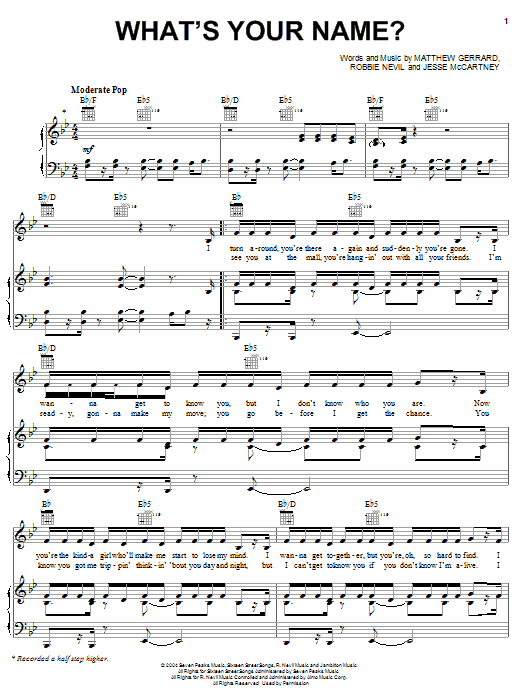 Jesse McCartney What's Your Name? Sheet Music Notes & Chords for Piano, Vocal & Guitar (Right-Hand Melody) - Download or Print PDF