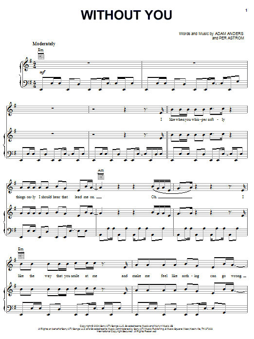 Jesse McCartney Without You Sheet Music Notes & Chords for Piano, Vocal & Guitar (Right-Hand Melody) - Download or Print PDF