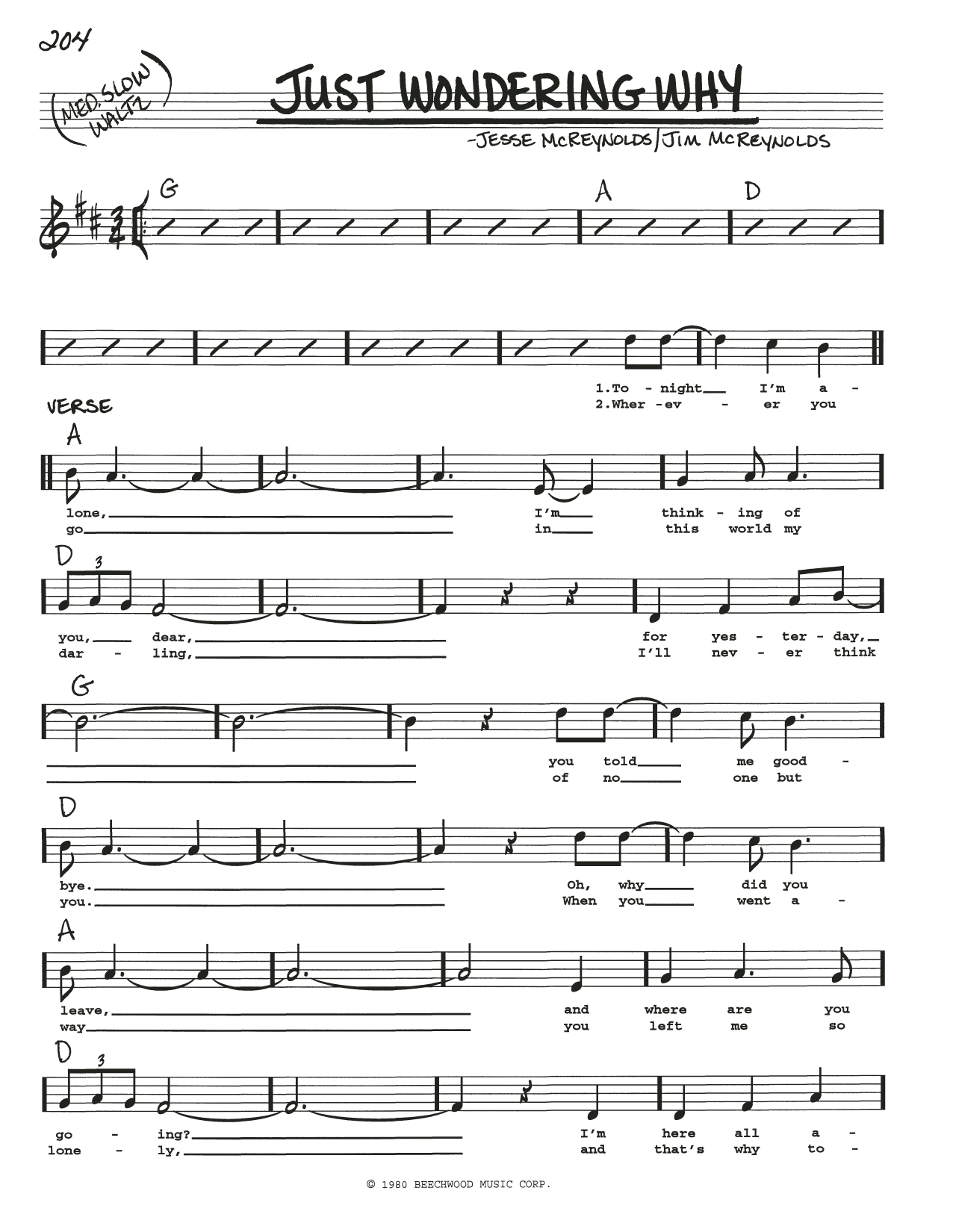 Jesse McReynolds Just Wonderin' Why Sheet Music Notes & Chords for Real Book – Melody, Lyrics & Chords - Download or Print PDF