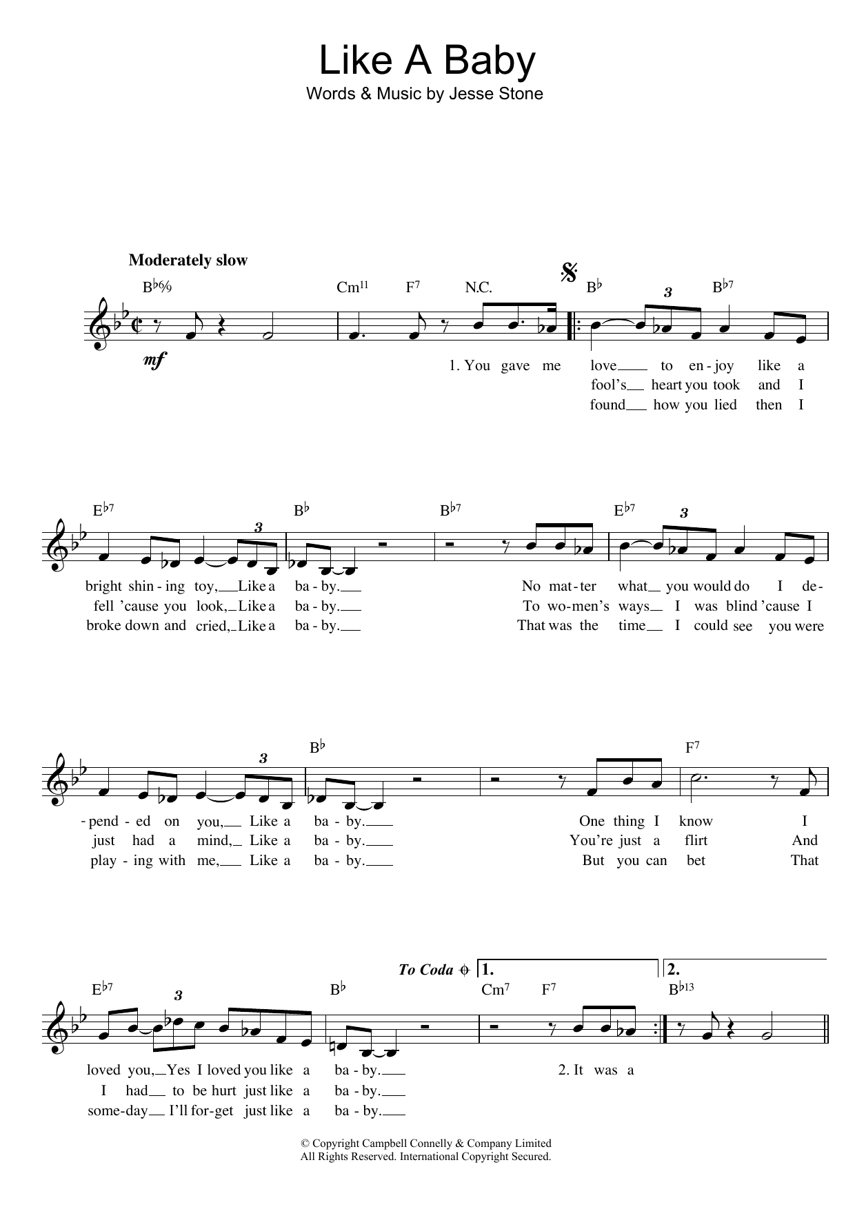 Jesse Stone Like A Baby Sheet Music Notes & Chords for Melody Line, Lyrics & Chords - Download or Print PDF