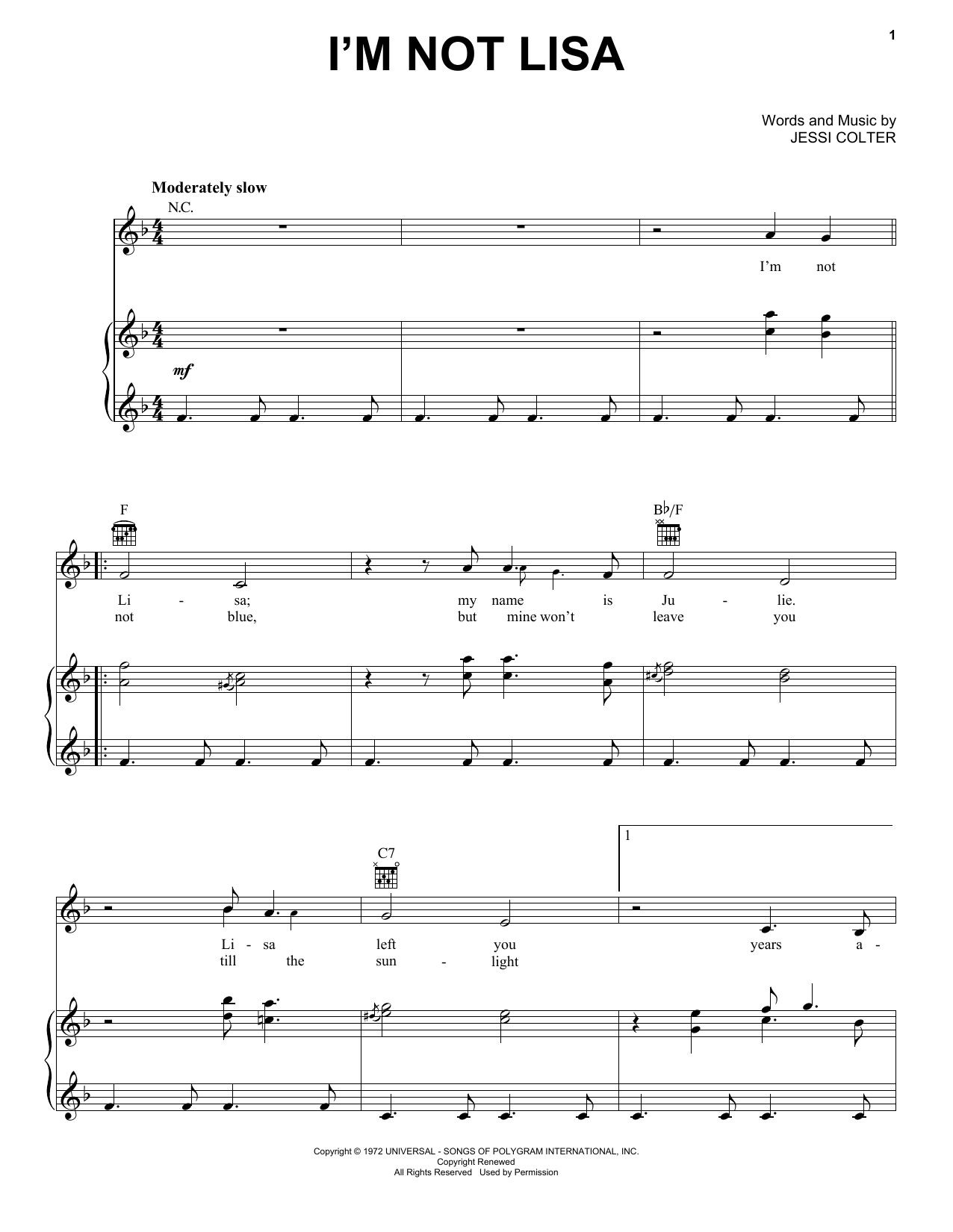 Jessi Colter I'm Not Lisa Sheet Music Notes & Chords for Piano, Vocal & Guitar (Right-Hand Melody) - Download or Print PDF
