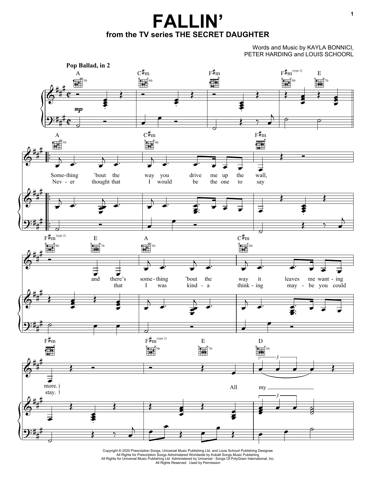 Jessica Mauboy Fallin' (from the TV series The Secret Daughter) Sheet Music Notes & Chords for Piano, Vocal & Guitar (Right-Hand Melody) - Download or Print PDF
