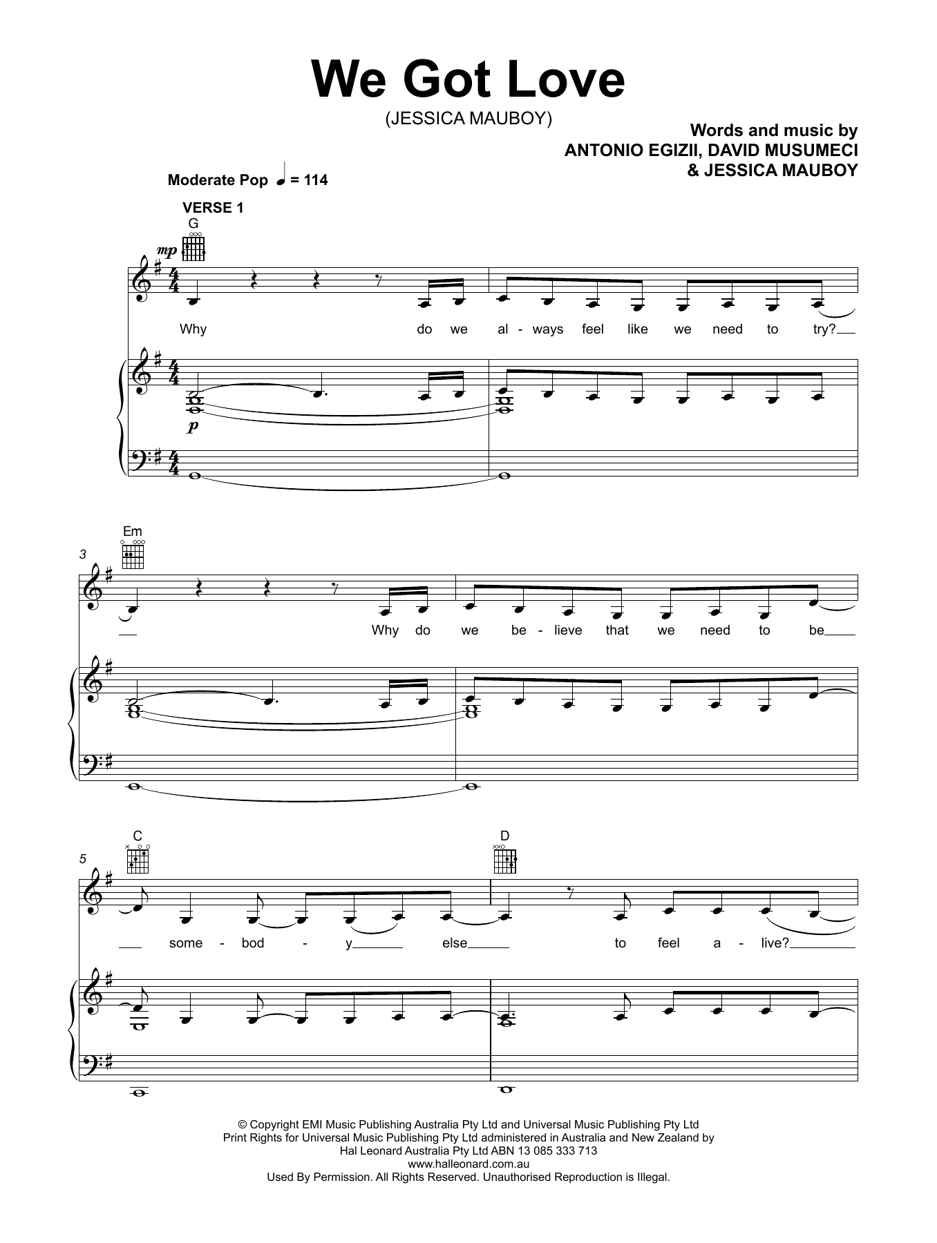 Jessica Mauboy We Got Love Sheet Music Notes & Chords for Piano, Vocal & Guitar (Right-Hand Melody) - Download or Print PDF