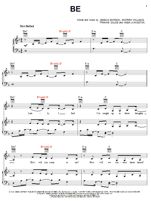 Jessica Simpson Be Sheet Music Notes & Chords for Piano, Vocal & Guitar (Right-Hand Melody) - Download or Print PDF