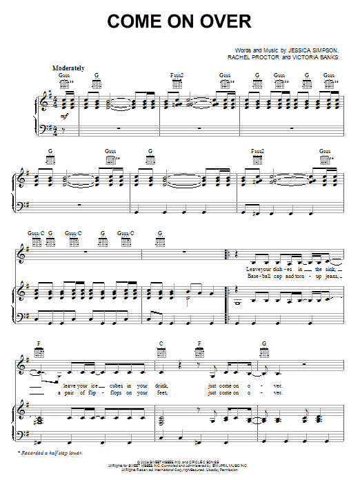 Jessica Simpson Come On Over Sheet Music Notes & Chords for Piano, Vocal & Guitar (Right-Hand Melody) - Download or Print PDF