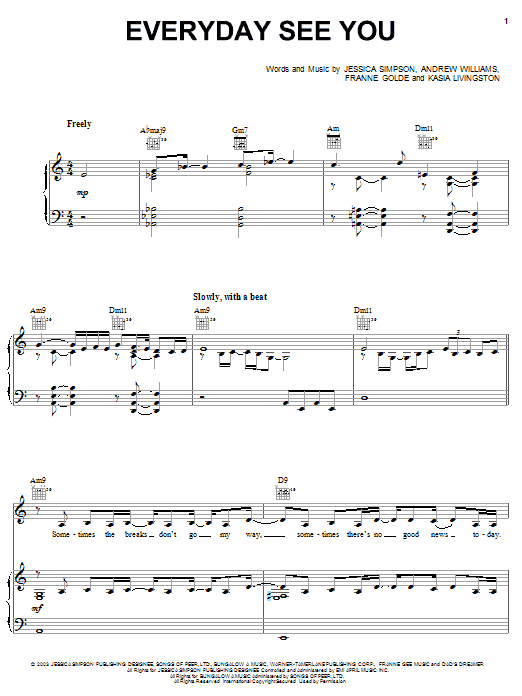 Jessica Simpson Everyday See You Sheet Music Notes & Chords for Piano, Vocal & Guitar (Right-Hand Melody) - Download or Print PDF