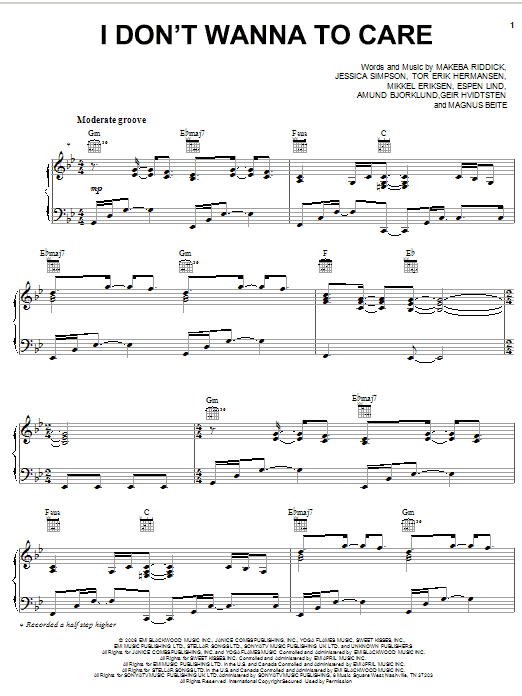 Jessica Simpson I Don't Wanna Care Sheet Music Notes & Chords for Piano, Vocal & Guitar (Right-Hand Melody) - Download or Print PDF
