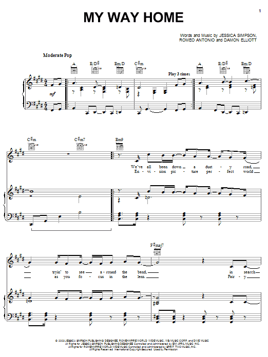 Jessica Simpson My Way Home Sheet Music Notes & Chords for Piano, Vocal & Guitar (Right-Hand Melody) - Download or Print PDF