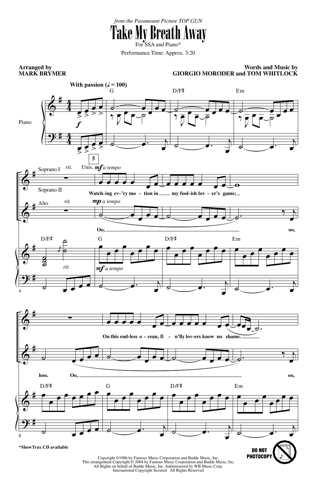 Jessica Simpson Take My Breath Away (Love Theme) (from Top Gun) (arr. Mark Brymer) Sheet Music Notes & Chords for SSA Choir - Download or Print PDF