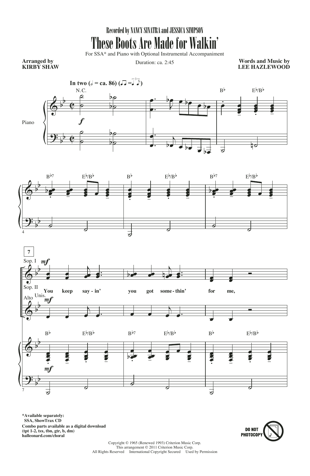 Jessica Simpson These Boots Are Made For Walkin' (arr. Kirby Shaw) Sheet Music Notes & Chords for SSA Choir - Download or Print PDF Jessica Simpson These Boots Are Made For Walkin' (arr. Kirby Shaw) Sheet Music Notes & Chords for SSA Choir - Download or Print PDF