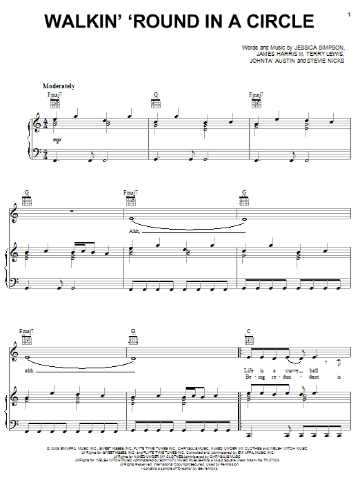 Jessica Simpson Walkin' 'Round In A Circle Sheet Music Notes & Chords for Piano, Vocal & Guitar (Right-Hand Melody) - Download or Print PDF