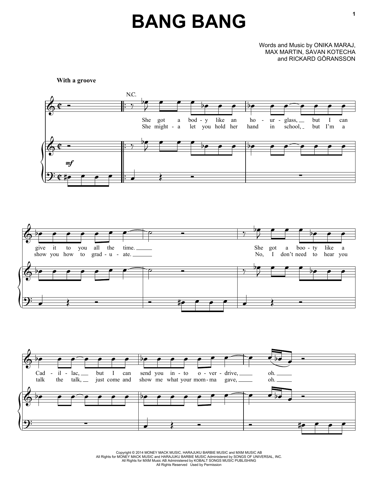 Jessie J, Ariana Grande & Nicki Minaj Bang Bang Sheet Music Notes & Chords for Piano, Vocal & Guitar (Right-Hand Melody) - Download or Print PDF