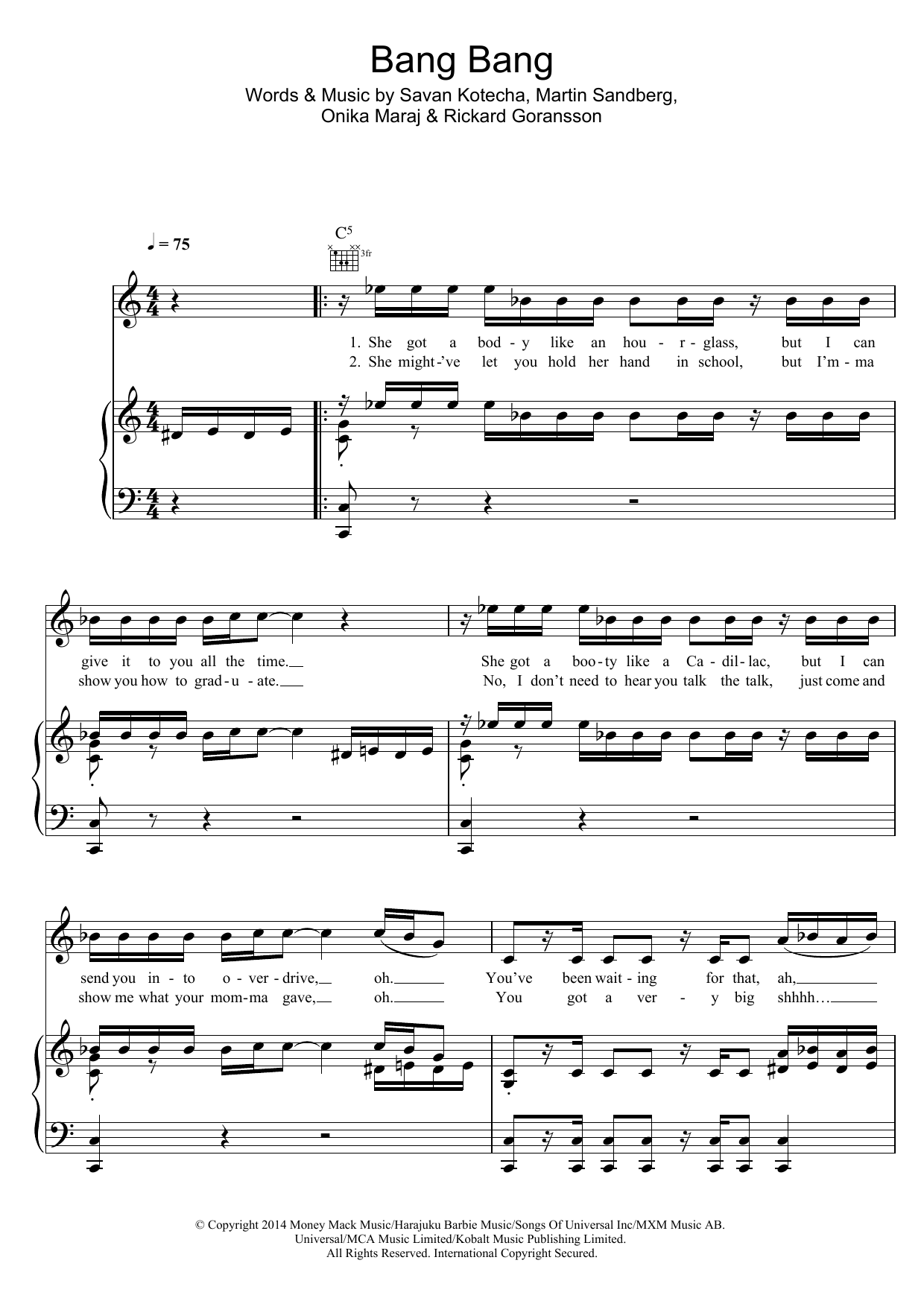 Jessie J Bang Bang Sheet Music Notes & Chords for Piano, Vocal & Guitar (Right-Hand Melody) - Download or Print PDF