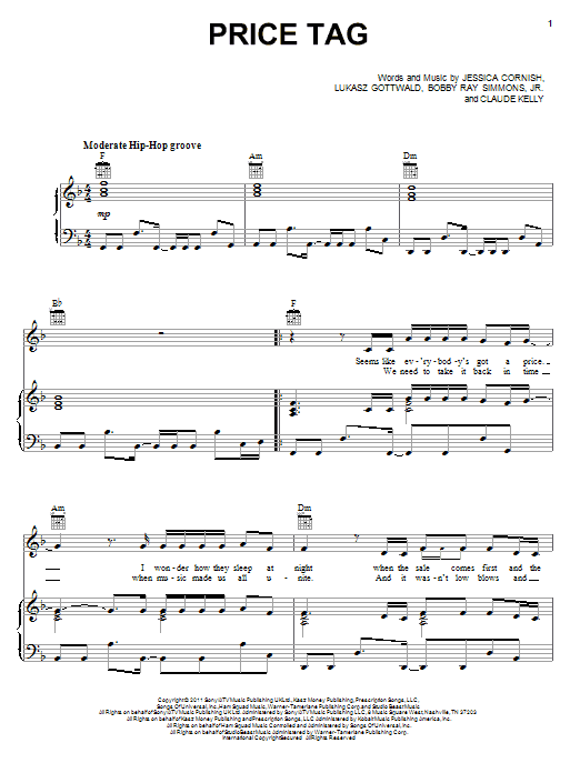 Jessie J featuring B.o.B. Price Tag Sheet Music Notes & Chords for Piano, Vocal & Guitar (Right-Hand Melody) - Download or Print PDF Jessie J featuring B.o.B. Price Tag Sheet Music Notes & Chords for Piano, Vocal & Guitar (Right-Hand Melody) - Download or Print PDF