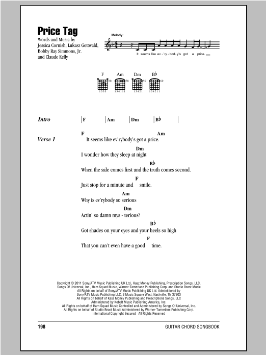 Jessie J Price Tag Sheet Music Notes & Chords for Lyrics & Chords - Download or Print PDF