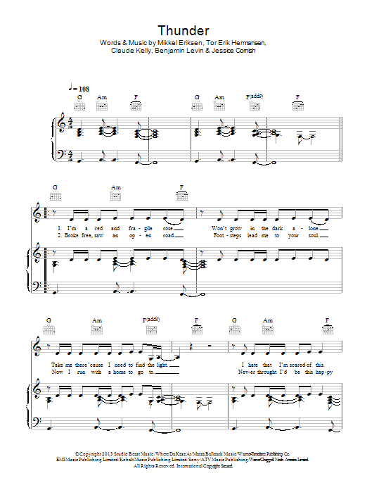 Jessie J Thunder Sheet Music Notes & Chords for Piano, Vocal & Guitar (Right-Hand Melody) - Download or Print PDF