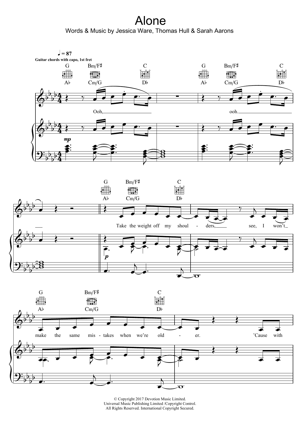 Jessie Ware Alone Sheet Music Notes & Chords for Piano, Vocal & Guitar (Right-Hand Melody) - Download or Print PDF