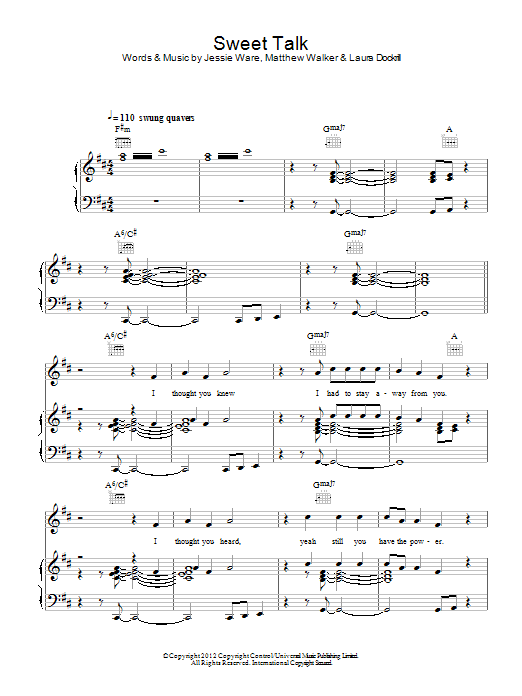 Jessie Ware Sweet Talk Sheet Music Notes & Chords for Piano, Vocal & Guitar (Right-Hand Melody) - Download or Print PDF