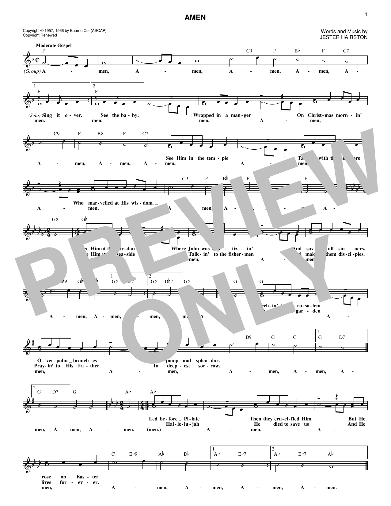 Jester Hairston Amen Sheet Music Notes & Chords for Melody Line, Lyrics & Chords - Download or Print PDF