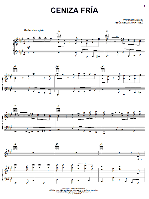 Jesus Abigail Martinez Ceniza Fría Sheet Music Notes & Chords for Piano, Vocal & Guitar (Right-Hand Melody) - Download or Print PDF