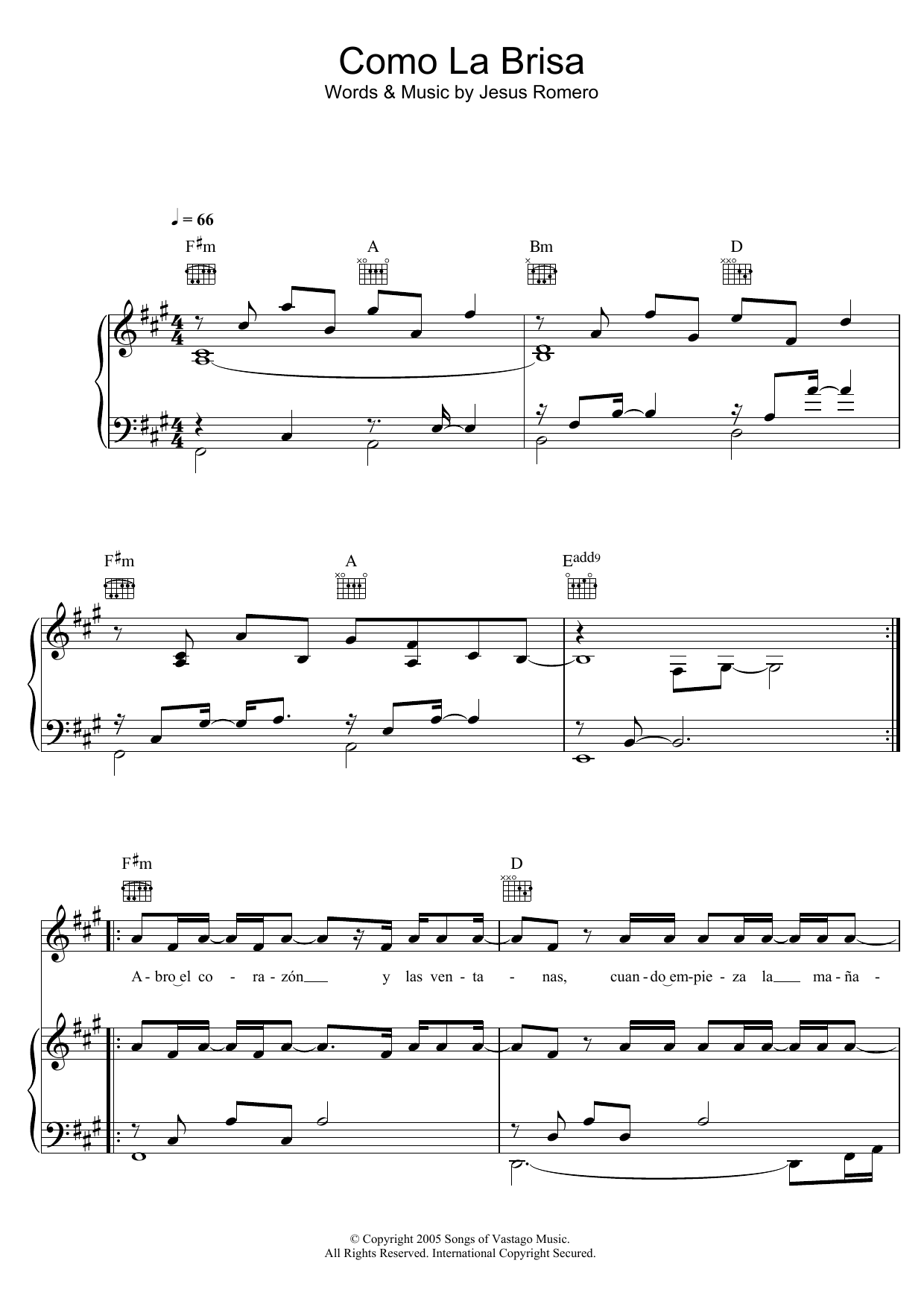 Jesus Adrian Romero Como La Brisa Sheet Music Notes & Chords for Piano, Vocal & Guitar (Right-Hand Melody) - Download or Print PDF