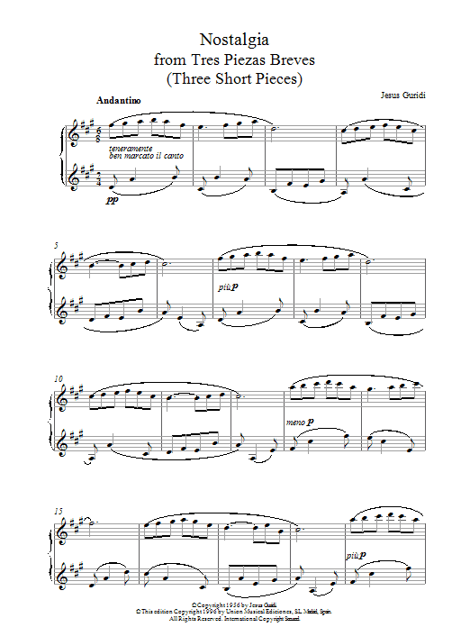 Jesus Guridi Nostalgia From Tres Piezas Breves Sheet Music Notes & Chords for Piano - Download or Print PDF