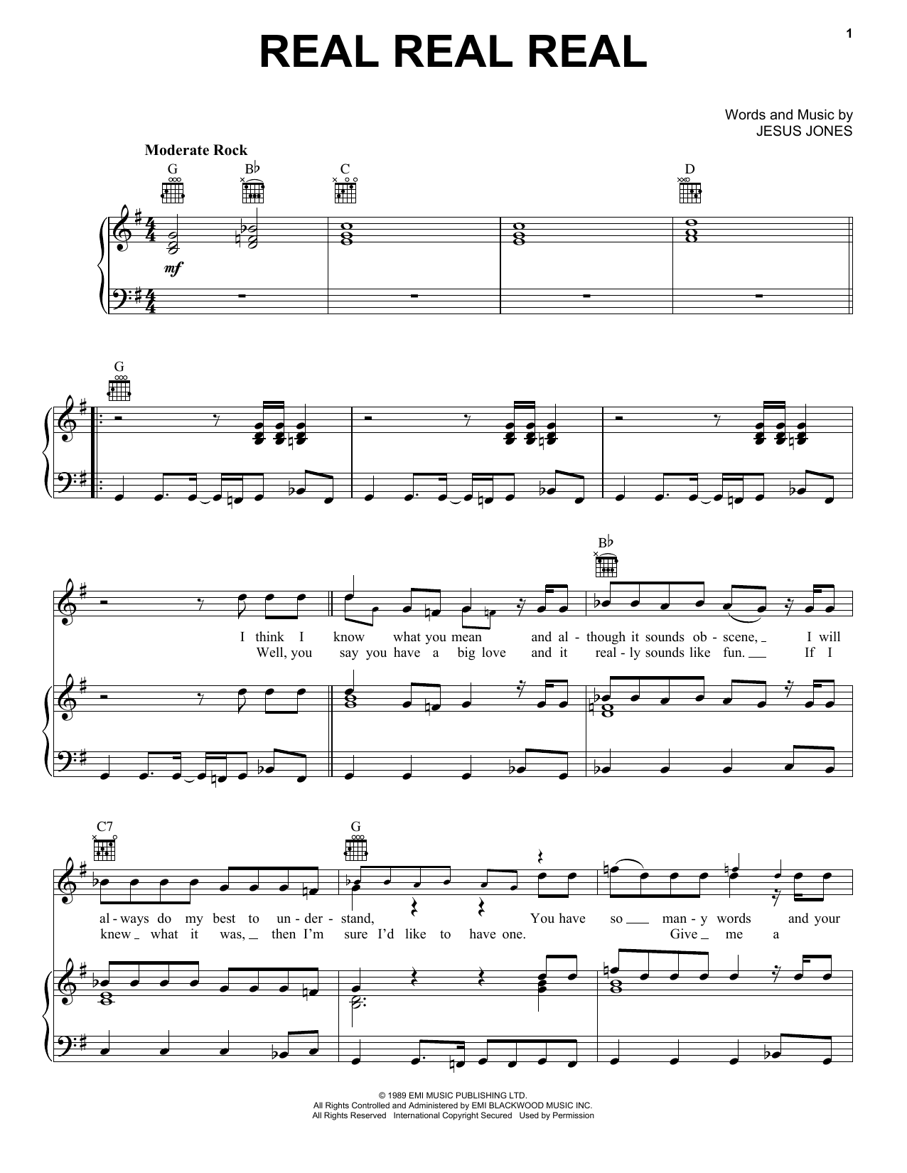 Jesus Jones Real Real Real Sheet Music Notes & Chords for Piano, Vocal & Guitar Chords (Right-Hand Melody) - Download or Print PDF