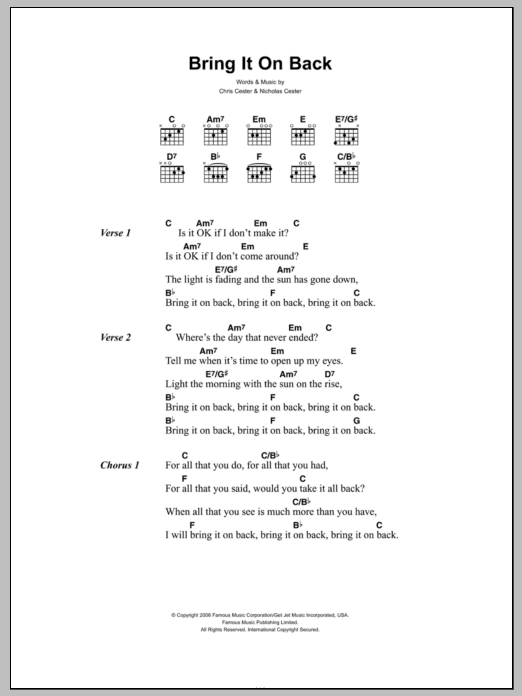 Jet Bring It On Back Sheet Music Notes & Chords for Lyrics & Chords - Download or Print PDF