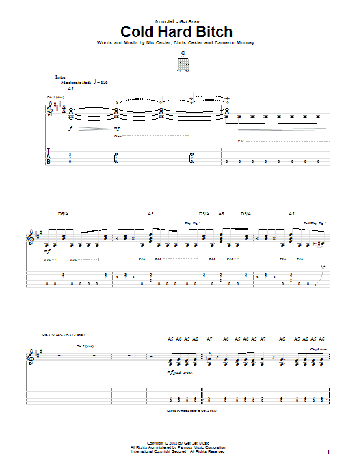 Jet Cold Hard Bitch Sheet Music Notes & Chords for Easy Guitar Tab - Download or Print PDF