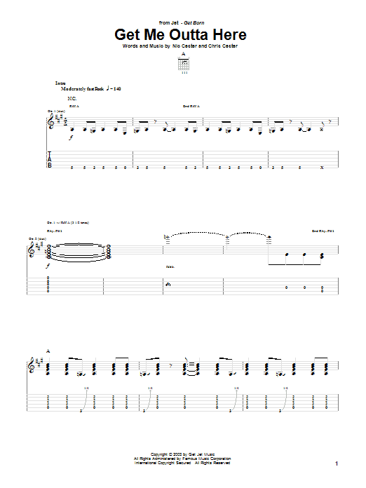 Jet Get Me Outta Here Sheet Music Notes & Chords for Guitar Tab - Download or Print PDF