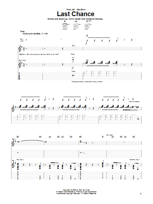 Jet Last Chance Sheet Music Notes & Chords for Guitar Tab - Download or Print PDF