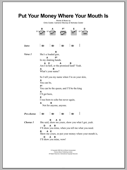 Jet Put Your Money Where Your Mouth Is Sheet Music Notes & Chords for Lyrics & Chords - Download or Print PDF