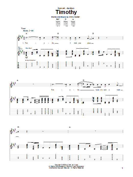 Jet Timothy Sheet Music Notes & Chords for Guitar Tab - Download or Print PDF