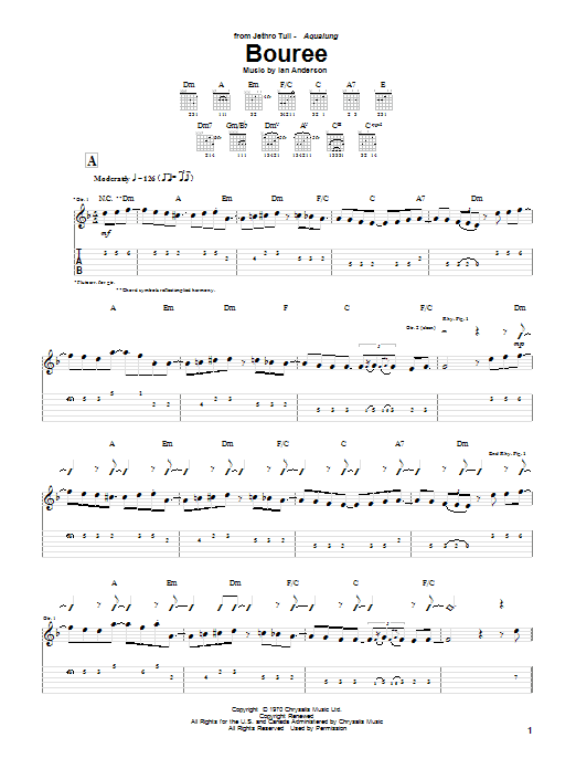 Jethro Tull Bouree Sheet Music Notes & Chords for Guitar Tab - Download or Print PDF