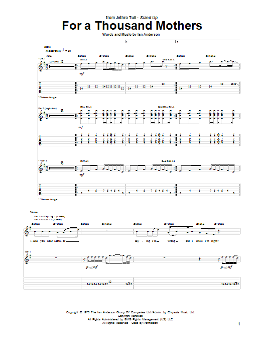 Jethro Tull For A Thousand Mothers Sheet Music Notes & Chords for Guitar Tab - Download or Print PDF