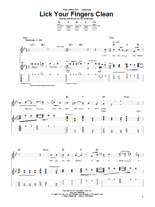 Jethro Tull Lick Your Fingers Clean Sheet Music Notes & Chords for Guitar Tab - Download or Print PDF