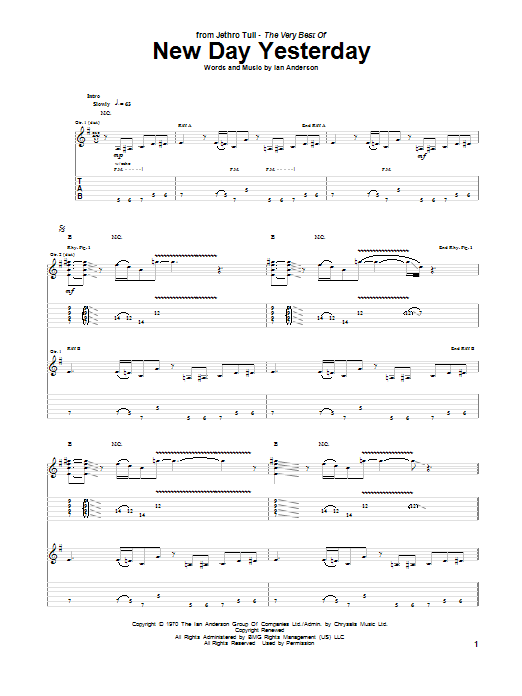 Jethro Tull New Day Yesterday Sheet Music Notes & Chords for Guitar Tab - Download or Print PDF